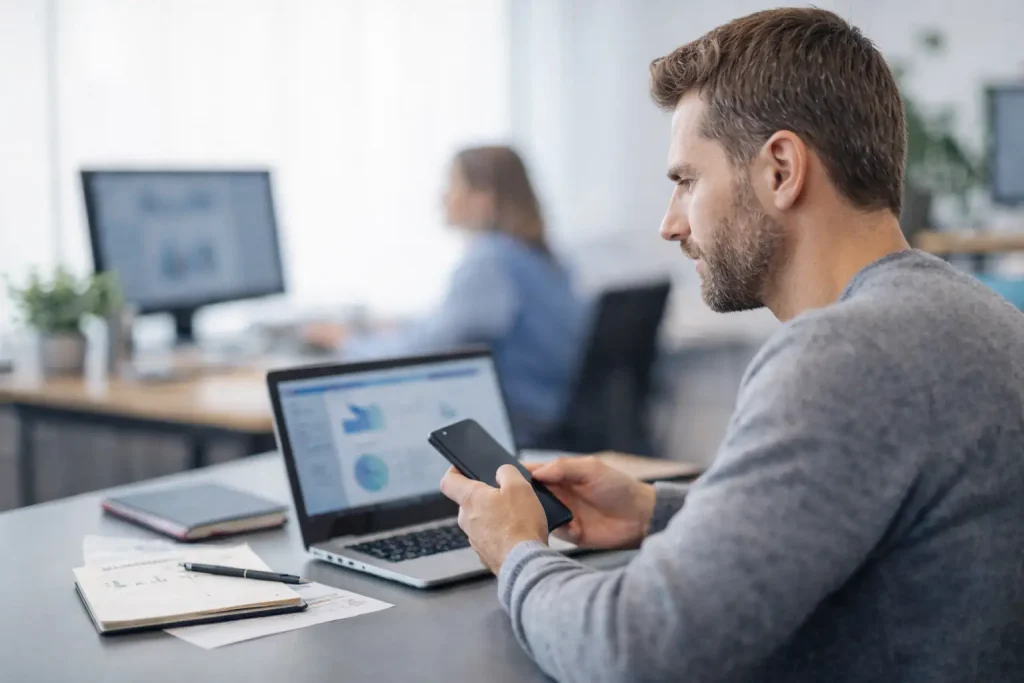 Ansatt i bedrift som vurderer mobilabonnement på kontoret i 2026