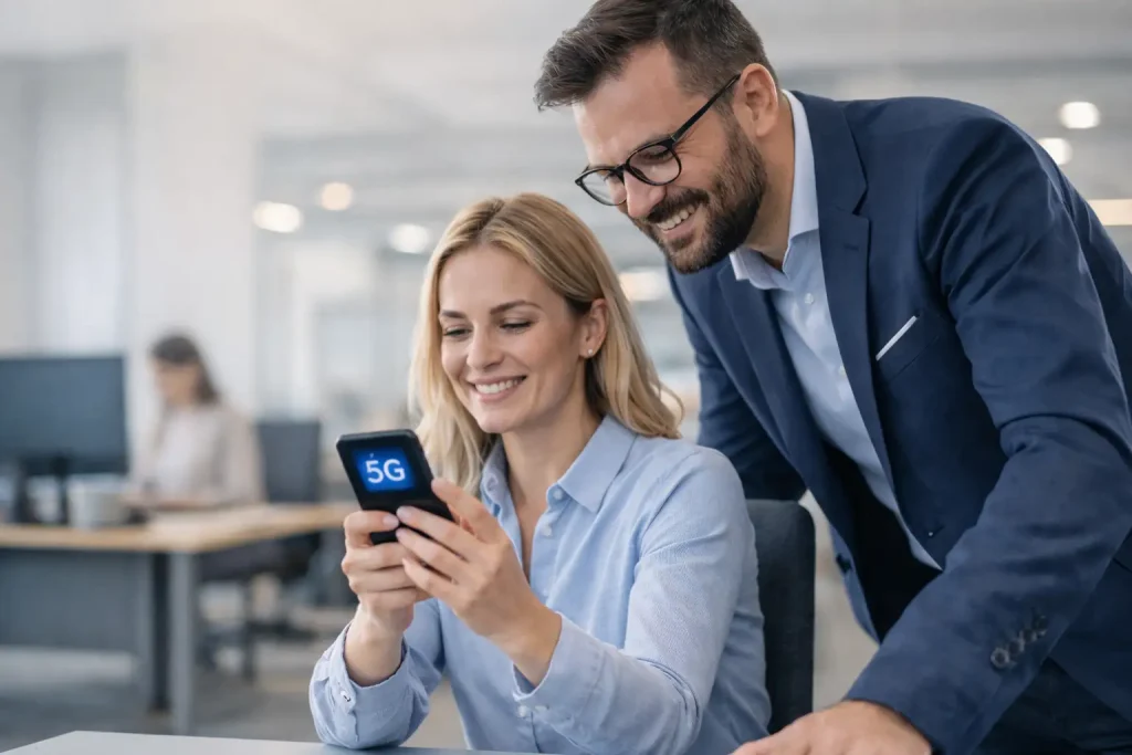 Ansatte bruker mobil med 5G-tilkobling i moderne kontormiljø