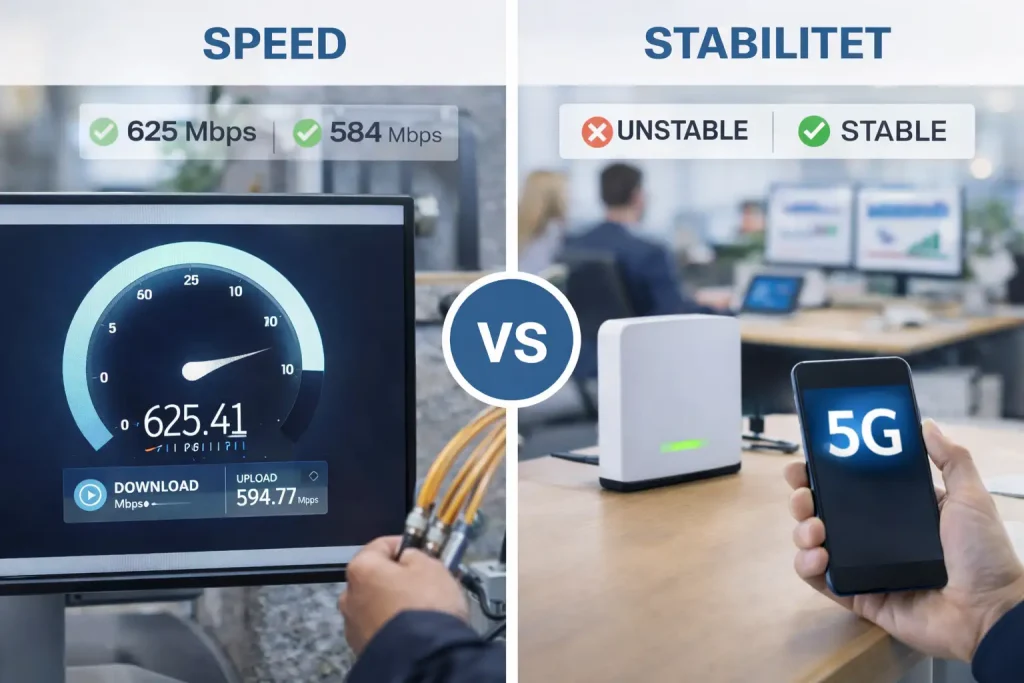 Forskjell på hastighet og stabilitet mellom fiber og 5G internett