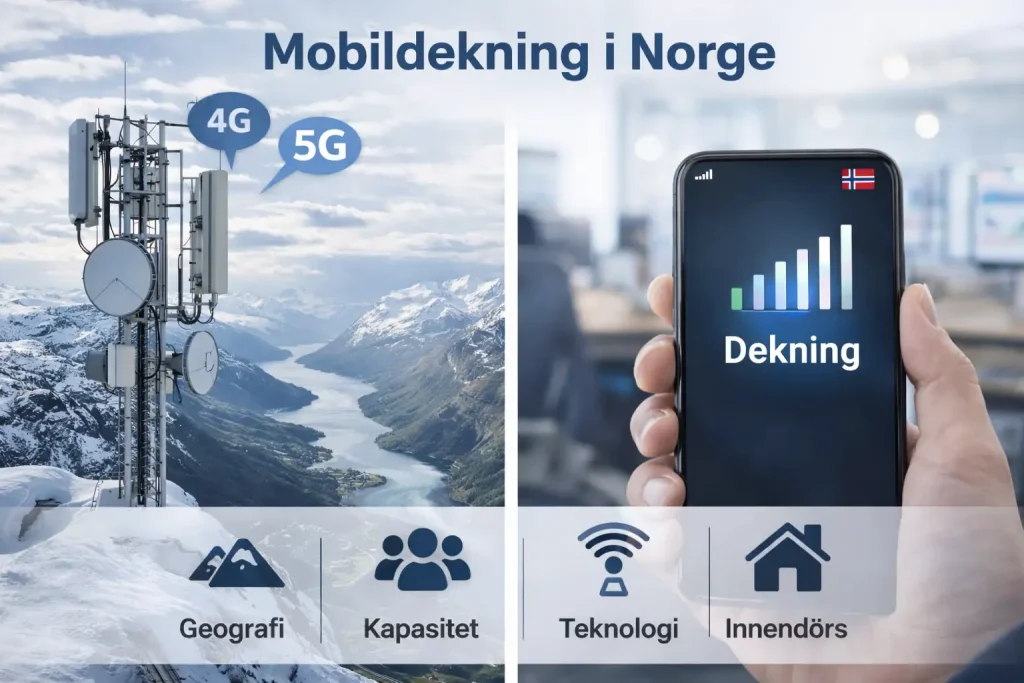 Mobildekning i Norge med 4G og 5G basestasjon og smarttelefon i kontormiljø