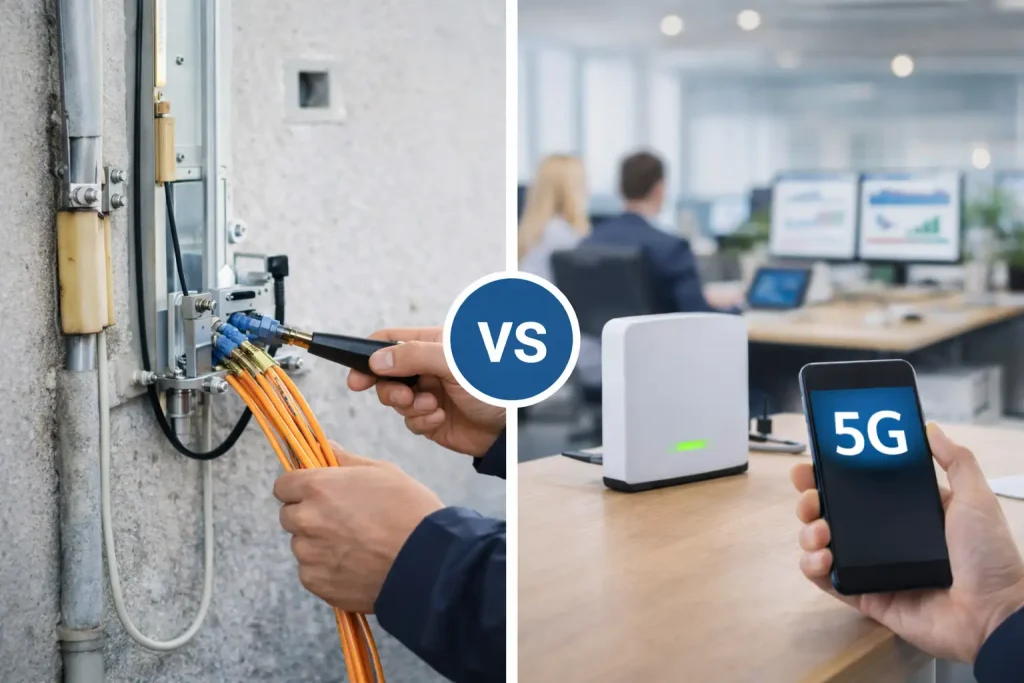 Sammenligning mellom fiber og 5G mobilt bredbånd for små bedrifter