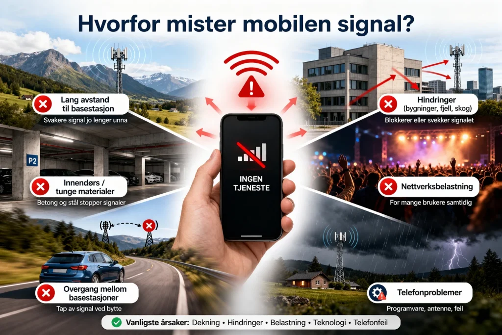 vanlige årsaker til at mobilen mister signal som dekning hindringer og nettverksbelastning